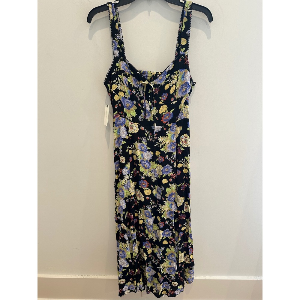 Anthropologie Maeve Floral Midi Dress Black Flor Smocked Lace Trim Size M NEW